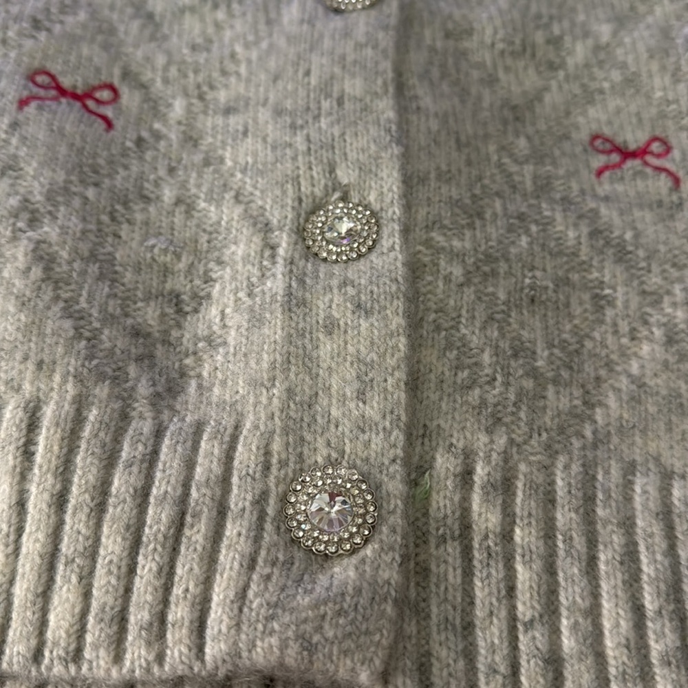 Jessica Simpson gray pink bow bling crystal button cardigan sweater 🎀🎀🎀 💎💎 - Picture 4 of 11